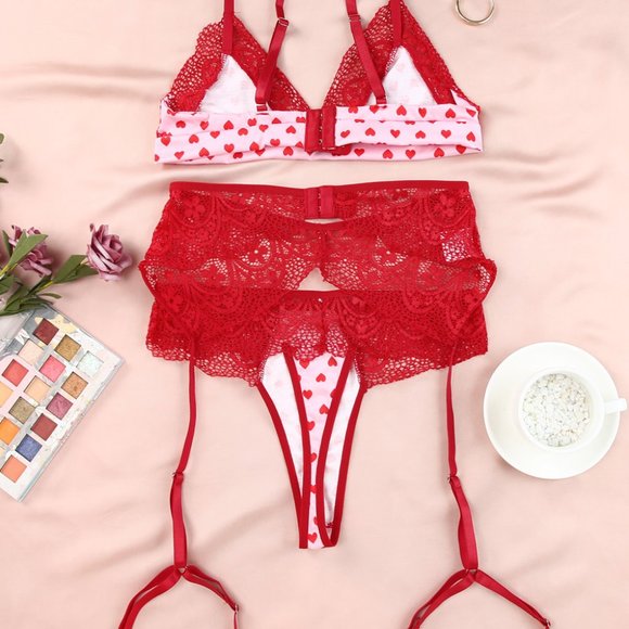 Red Lace Trim Heart Print Valentines Lingerie Set - Picture 6 of 16